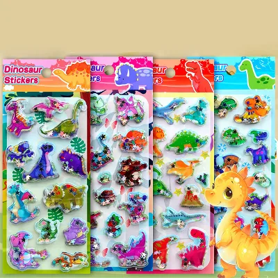 GF Animal Reward Sparkling Sequins Decorative Stickers Cartoon 3D Dinosaur Water-Filled Shaker Stickers for Kids Boys & Girls