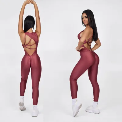Custom Shiny Wine Sexy Scrunch Butt V Back Cut Leggings Fitness Workout Jumpsuit for Women