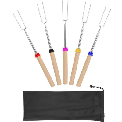 Hot Sale Telescopic Fork Marshmallow Roasting Sticks Stainless Steel Skewers Telescoping BBQ Forks With Wooden Handle