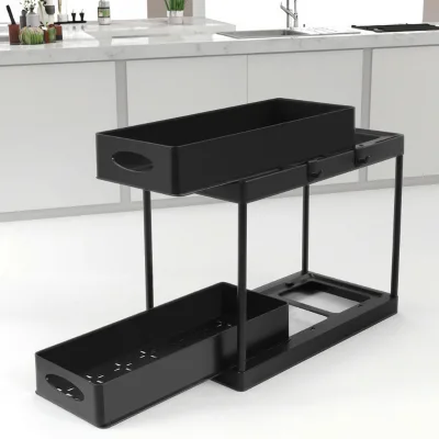 Furniture Kitchen Sink Shelf Collapsible Rack With 2 Layers Black Color Used in Kitchen Bathroom Home Organizer