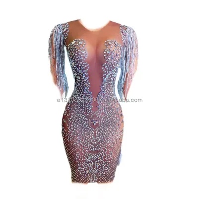 Five Face Tight and Sexy Mesh Semi Transparent Rhinestone Full Diamond Chain Hip Hugging Skirt Performance Costume