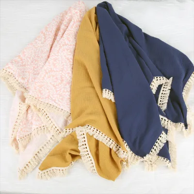 INS Lace Muslin Hot Sale Printed Solid Color Gauze Wrapping Towel Tassel Blanket Baby Bath Towel Swaddling