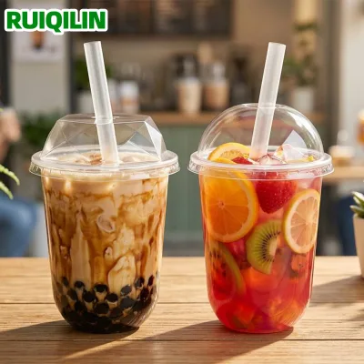 Ruiqilin Packaging Custom logo 16 oz Plastic Juice Drink Cups to Go Lemonade Milk Tea Cup U Shaped Boba Cups Cups with Lids