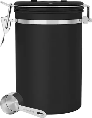 Stainless Steel Canister 16oz Coffee Grounds and Beans Container with Date-Tracker CO2-Release Valve and Measuring Scoop