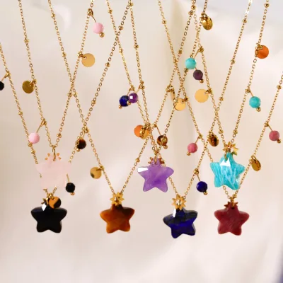 Boho Summer Natural Gemstone Star Necklaces Stainless Steel Star Crystal Pendant Necklace Women Waterproof Jewelry
