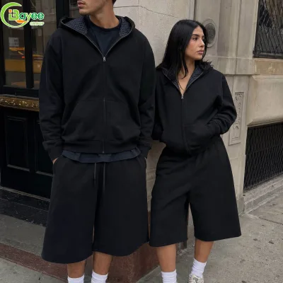 Wholesale Men Heavyweight Zip up Hoodie Sweatpants Set Solid Color Drop Shoulder Oversized Loungewear 2 Piece Custom Logo