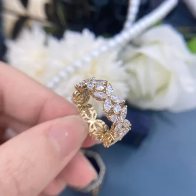 Solid Gold 18K 14K Flower Shape Lab Grown Diamond Band Ring Decorative Flower Band Finger Ring for Girls Gifts
