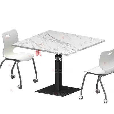 Canteen Furniture Set  Dining Table and Movable Chair Restaurant Artificial Marble Dining Table and 2 Chair with Wheels