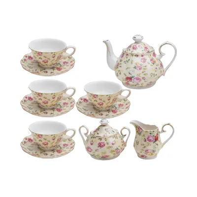Custom Porcelain Elegant European Floral Style Tea Set Cottage Rose Tea Set