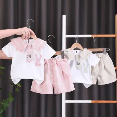 Casual Summer Two-Piece Set for Girls Infant Little Girl T-Shirt Short Sleeves New Tie Collar