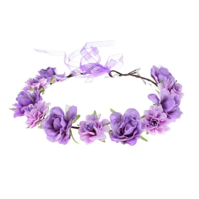 Women Floral Bridal Headband & Crown Adjustable Strap Garland Halo Purple Made in China
