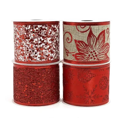 2.5 Inch Red Glitter Snowflake Satin Fabric Sequin Christmas Ribbon Polyester Foil Wired Printing Mesh Ribbon for Craft
