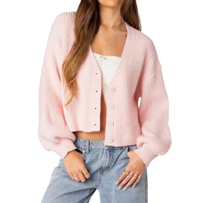 Korean Style Women's Short Cardigan Sweaters V Neck Long Sleeve Women Thin Knitted Jacket Sweater