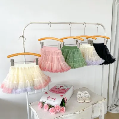 Summer Girl's Sweet Princess Mesh Fluffy Skirt Tutu Cake Skirt Versatile Solid Color Mini/Short Length Fabric Print Children
