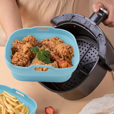 8 Inch Folding Reusable Non-stick Food Grade Square Round Silicone Air Fryer Silicone Liners with Basket Handles for Baking