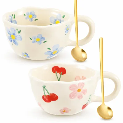 Twisted Handle Cute 260ml Ceramic Flower Cup Hand Painted Under Glaze Mug Flower Tea Coffee Cups Gift