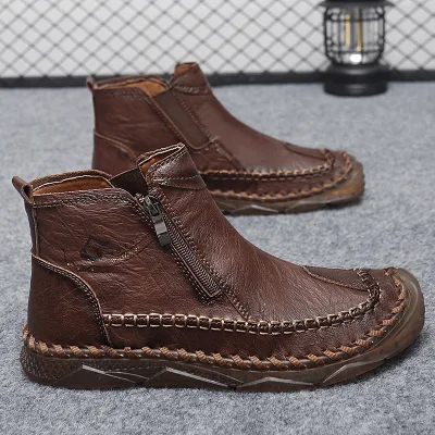 Factory Direct Sales Men's Boots Retro Anti Slip Fashion Stitch Zipper High Quality Men Outdoor Walking Hiking Ankle Boots Shoes
