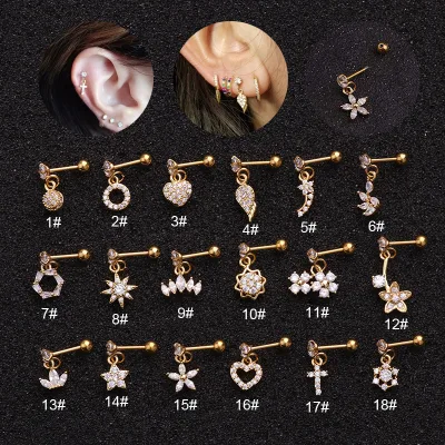 18 Styles Gold Plated Titanium Steel Body Jewelry Ear Piercing Earrings Studs Lady Screw Piercing Helix Cartilage Jewelry