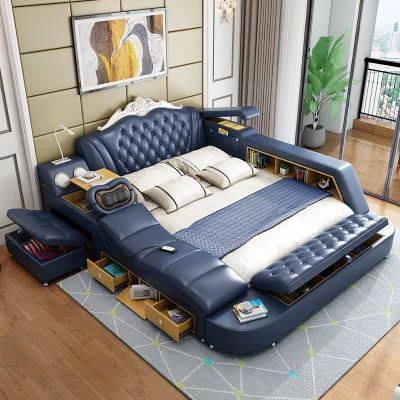 Luxury Music Multifunctional Bed Electric Massage Pillow Bed With Storage Solid Wooden Hand Carved King Beds Bedroom Set