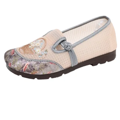 Summer New Old Beijing Mesh Flat Slip-on Floral Women's Shoes Anti-Slip Wear Resistant Breathable Ethnic Style