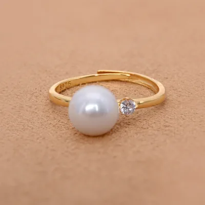 Luxury 10-11mm Big White Pearl Ring Solid 925 Silver 18K Gold Vermeil Sparkling CZ Accent High Luster Genuine Pearl Open Ring