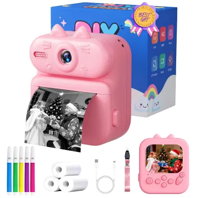 Gleeglee Kids Camera Instant Print 1080P 2.0" Screen Plastic Body Portable Toy for 3-10 Year Olds Girls Boys Pink Cat Christmas