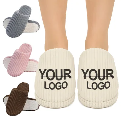 New Arrival Custom Logo Polyester Corduroy Indoor House Slippers Winter Warm Anti-Slip PVC Sole Slides slippers for Hotel Home