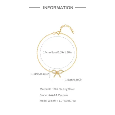 New Style Luxurious 925 Sterling Silver 14K Gold Plating Zircon Paved Bow Pendant Bracelet for Women