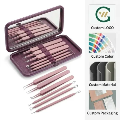 Custom Logo 6pcs Blackhead Remover Kit Stainless Steel Pimple Popper Tool Set Blemish Extraction Kit with Mirror Storage Case