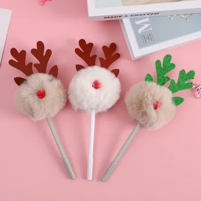 Christmas Novelty Neutral Elk Antler Plush Pen Cute Stationery Signature Pen for Kids Perfect Christmas Decorations