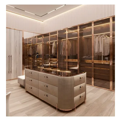 Luxury Rose Gold Frame Tempered Glass Walk-in Closet Fluted Panel Central Island Dresser Storage System Wardrobe