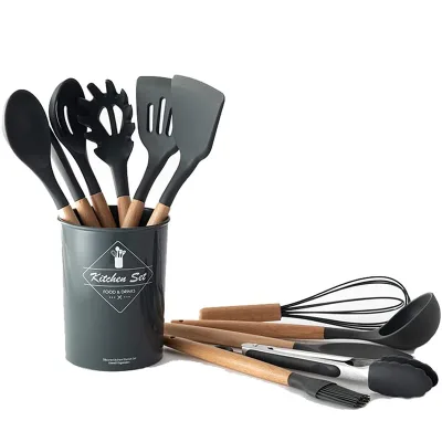 Premium Kitchen Accessories 12Pcs Kitchenware Tool Silicone Kitchen Cooking Utensils Set Wood Handle With Holder