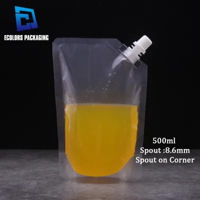 100ml 200ml 250ml 300ml 350ml 400ml 500ml Food Grade Corner Spout clear Custom Plastic Bags Drinking Pouch with logo