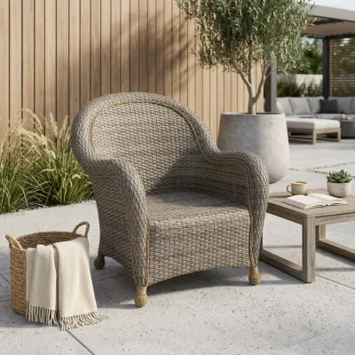 MNatural Grey-Brown Rattan Armchair with Yellow Trim for Indoor/Outdoor Use