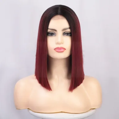 European and American former lace head Bob gradual wine red female wig short straight hair chemical fiber head