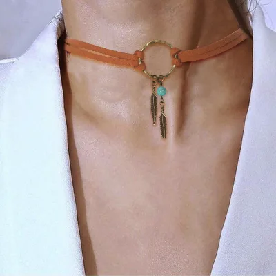 Choker Necklace,New Vintage Necklace Choker Bronze Leaf Pendant Leather Geometric Circle Collar Chain Necklace