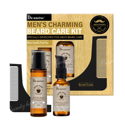 Men's Beard Care Set 3PCS Travel Kit Beard Wash 50ml Serum 50ml Beard Comb 1PCS