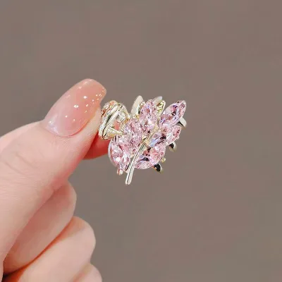 2026 New Pink Zinc Alloy Leaf Claw Clip Women's Small Front Bangs Hair Clip Casual Diamond-inlaid