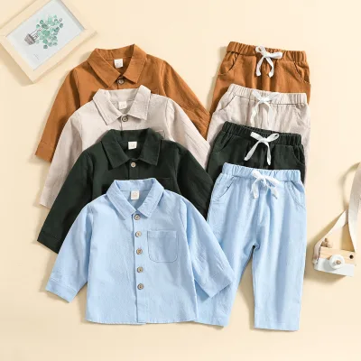 Factory Wholesale/OEM Children's Suit Spring Autumn Boy's Solid Color Cotton Linen Collar Shirt Comfortable Long-sleeved Set