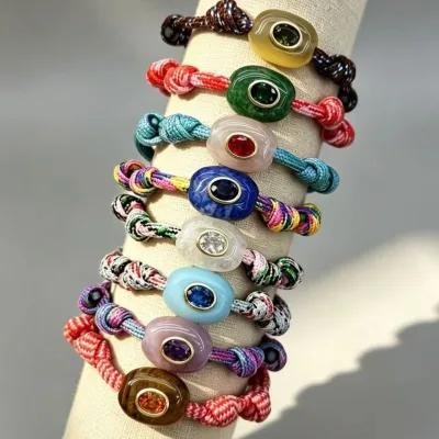 Women Adjustable DIY Braided Bracelet 3MM Multicolor Woven Cord Natural Stone Evil Eye Hand Rope