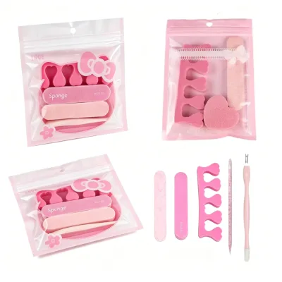5Pcs Pink Manicure Tools Set Nail File Buffer Sponge Toe Separator Cuticle Pusher Dead Skin Remover Nail Art Pedicure Kit