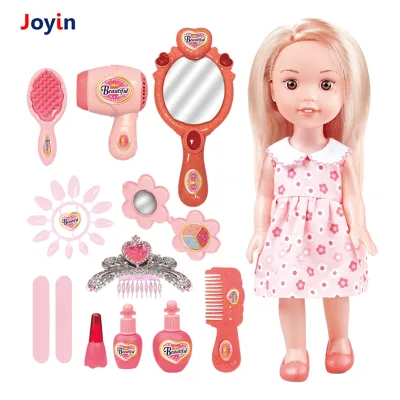 14PCS 13-Inch Blown-Bottle Vinyl Doll ToyAccessories Set Featuring a Makeup Mirror & Hairdryer for Stylish Pretend Play Ensemble