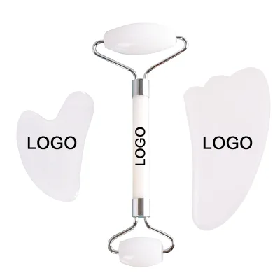 Wholesale Custom Logo Ice Roller and Gua Sha Facial Tools Set Natural White Jadegua Sha Facial Tool Jade Roller and Gua Sha