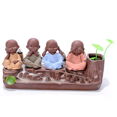 Backflow Incense Burner Purple Clay Colored Sand 4 Little Monk Cone Incense Burner Stick Incense Holder 2 Leaf