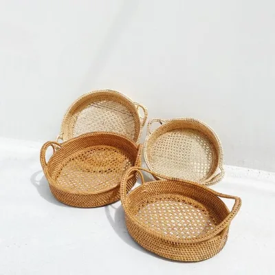 High Quality Rattan Serving Tray Manufacturing Handmade Natural Wicker Food Trays Round Tray