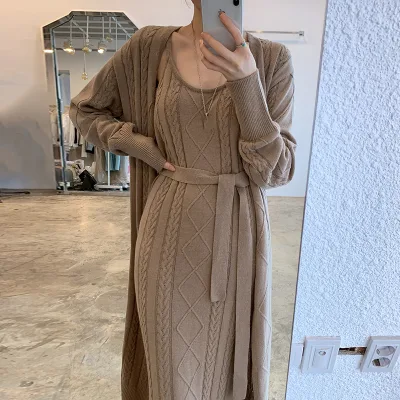 Wholesale 2026 Autumn Eco-Friendly Korean Chic Skinny Fit Polyester/Cotton Long Cardigan Sweater + Inner Knit Women Sets