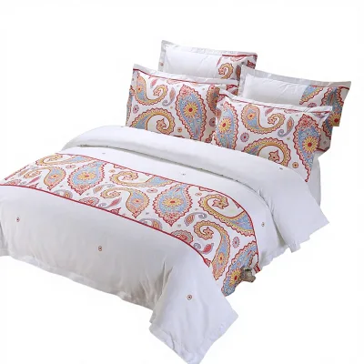 Five-Star Hotel White Linen Bedding Wholesale Three-or-Four-Piece Cotton Printed Brocade Set Satin Weave Customizable
