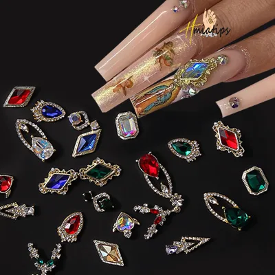 Heart/ Rhombus AB Crystal Glass 3D Chrome Nail Piercing Charms Rhinestones Gold Brim Nail Gem Holo Alloy Decorations for Nails