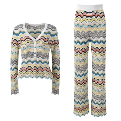 Lady Fashion Knitted Suit V-neck Long Sleeve Colorblock Striped Single-breasted Pullover Tops Wide Legs Pants Women Knit Set
