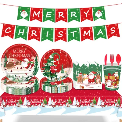 Christmas Paper Plates and Napkins Disposable Xmas Tableware,Merry Christmas Plaid Tablecloths Banner for Christmas Holiday Part